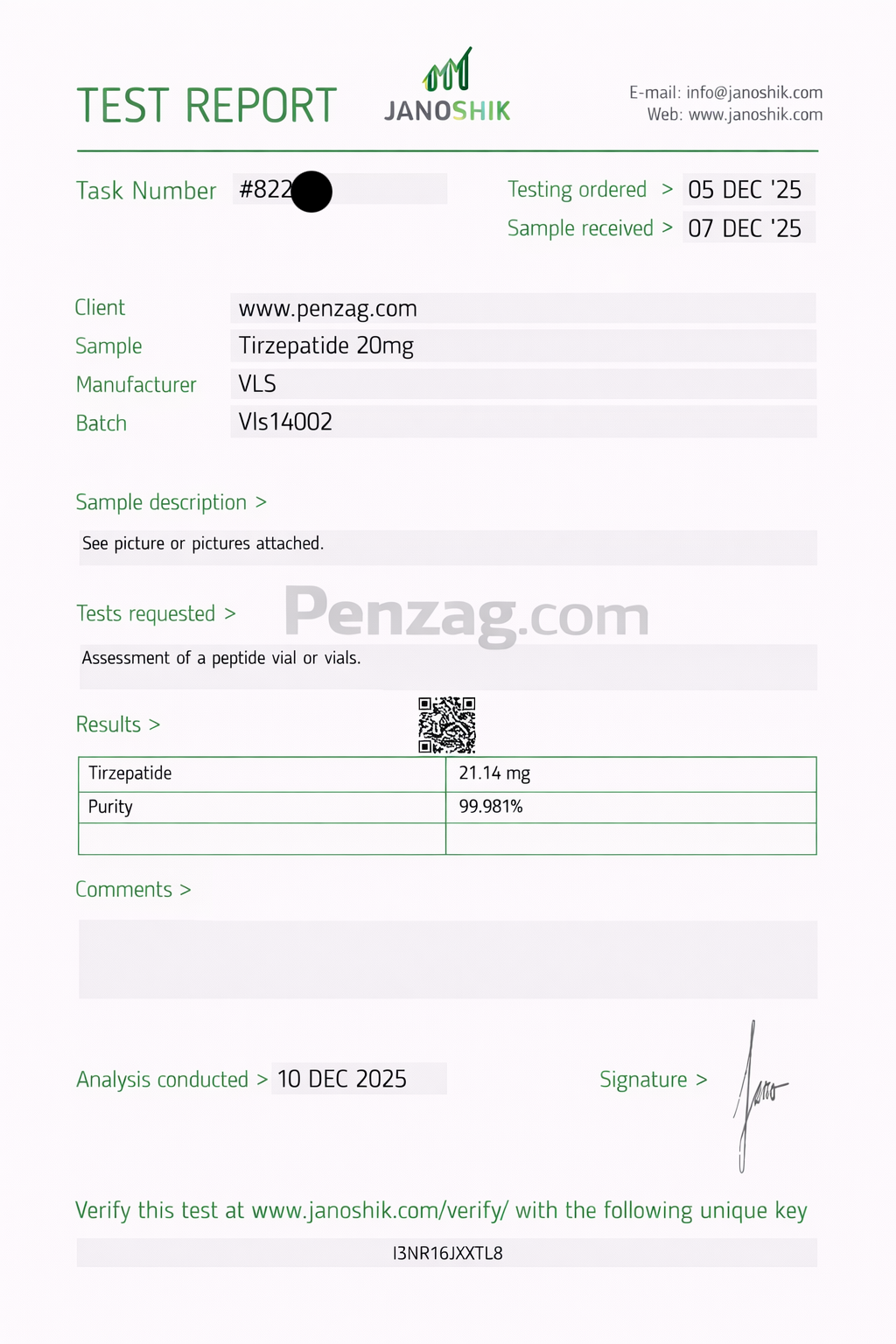 Test report for a product from Penzag.com with Janoshik.