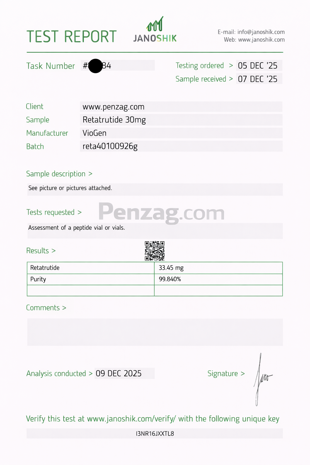 Test report from Janshik with details of a sample from Penzag.com