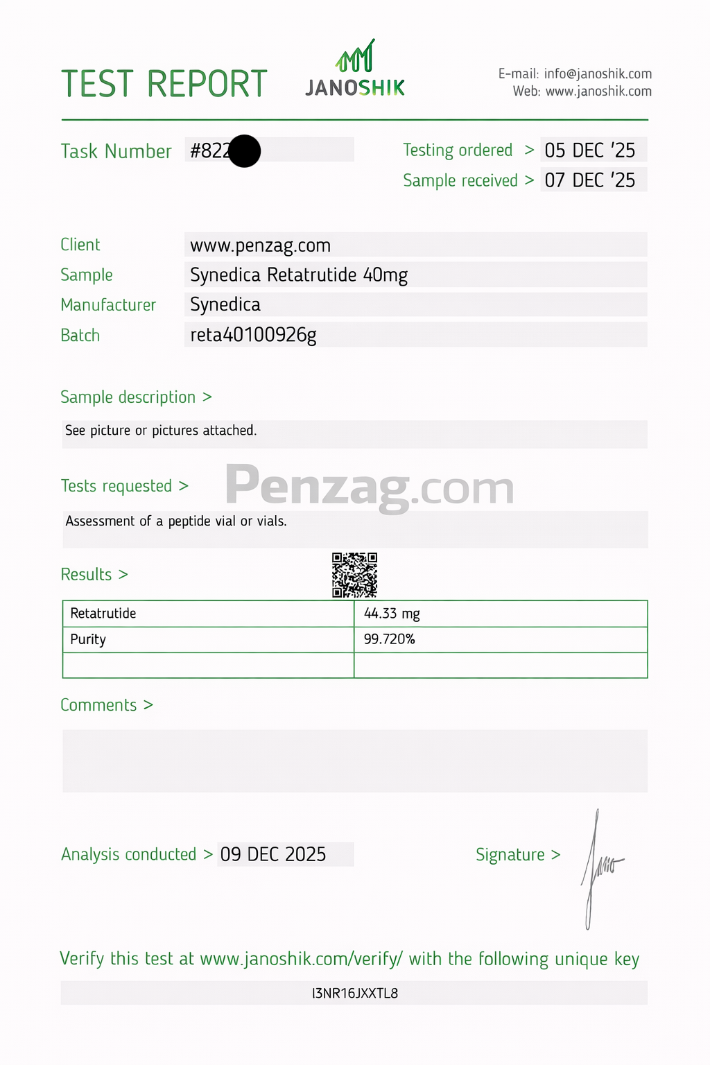 Test report for Synedra Retalizide 40mg from Janoshik with details and a QR code.